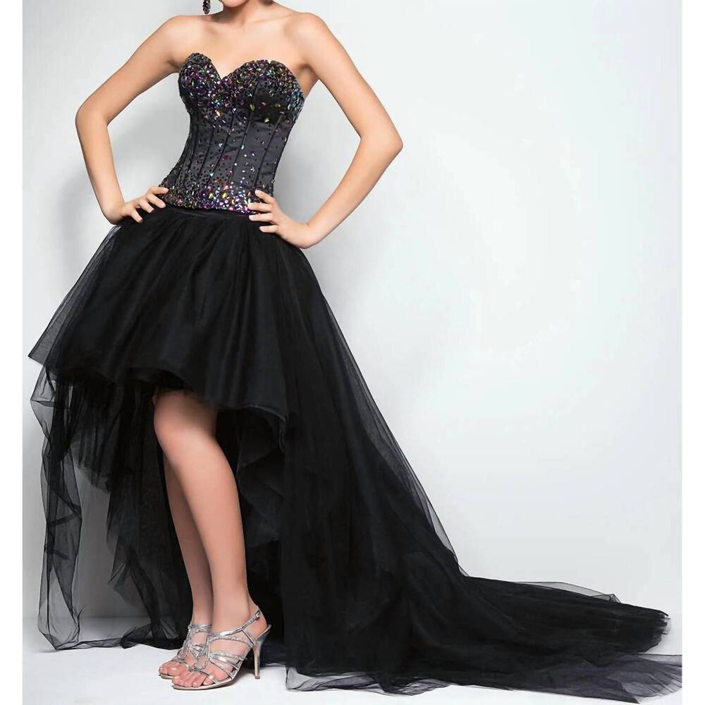 NEW BLUSH PROM jeweled high-low tulle prom dress in black/city lights
